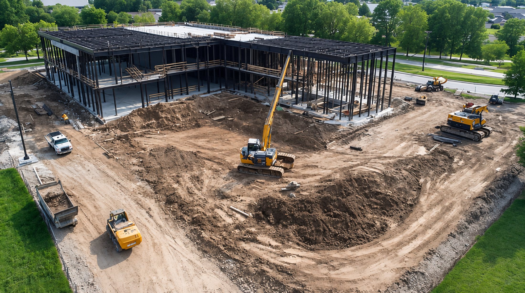 Vista aérea de estructura metálica y explanación de un stripcenter en construcción